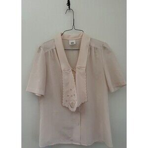Vintage Nikki Frill Tie-Knot Collar Button Down Blouse Peach Dress Shirt Sz M/L